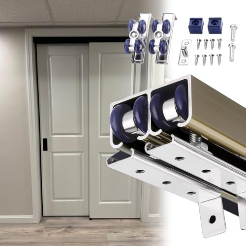 Herrajes Puertas Correderas Kit de Herrajes para Puertas Corredizas de Doble Hoja, Riel de Aluminio para Puerta Corrediza de Armario, Kit de Puerta Corrediza Empotrada Resistente con Rodillos(Champagn
