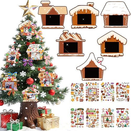 12 PCS Gingerbread House Picture Frame Craft Xmas DIY Gingerbread Candy Craft Christmas Crafts Stickers for Christmas Tree Xmas Keepsake Holiday Party Decoration