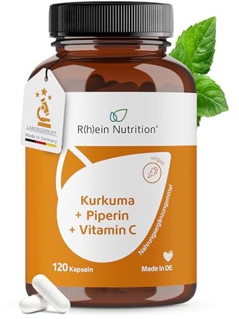 Rhein Nutrition Kurkuma Kapseln – Kurkuma Komplex mit Curcumin C3 Complex® + Piperin & Vitamin C – 120 Kapseln vegan – laborgeprüft – Made in Germany