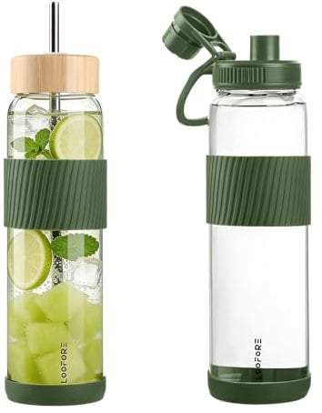 LOOFORE 1000ml 1L Glass Water Bottle, 2 Lids with Straw and Handle