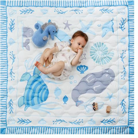 Momcozy Spielmatte Baby für den Boden, 127x127 cm verdickte Krabbeldecke, Spielunterlage für Baby Bauchzeit, wasserabweisend & rutschfest, Spielmatte Baby faltbar Outdoor mit Tragegriff, Ozean