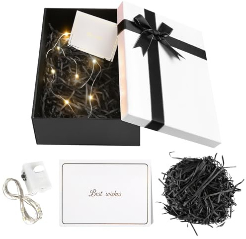 Geschenkbox mit Deckel, 25x18x8,5cm Geschenkkarton, Geschenkverpackung mit Schleife, Geschenkbox Geburtstag Set mit Raffia, Grußkarten, Licht, Geschenkschachtel für Hochzeit Valentinstag (Schwarz)