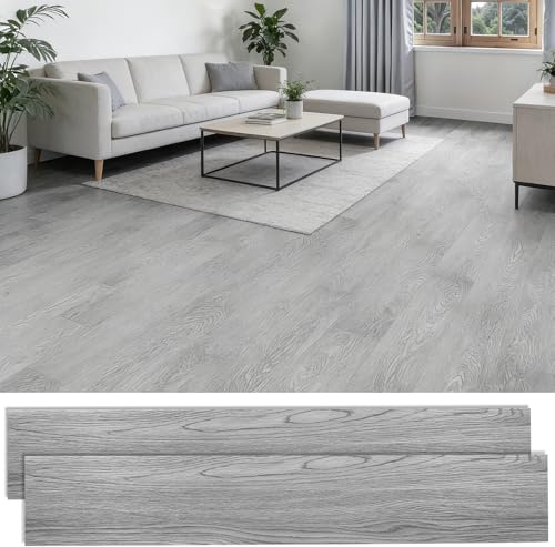 Floor Tiles Self Adhesive, 36Pcs/5.02㎡ Vinyl Flooring, Wood Effect Peel and Stick Floor Tiles, Waterproof Self Adhesive Flooring 2 mm Thick for Bedroom Living Room Kitchen Bathroom Office (Light gray)