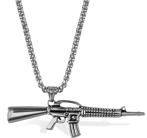 JewelryWe Schmuck Herren Halskette, Edelstahl Armee Gewehr Pistole Waffe AK47 Anhänger mit 56cm Kette, Silber