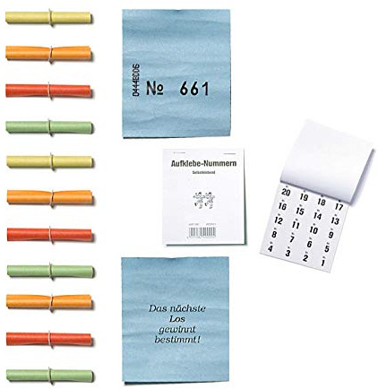 PARTY DISCOUNT Sparpack Röllchenlose für Tombolas und Gewinnspiele Komplettset mit Gewinnerlosen 1-800, Nieten und Aufklebenummern
