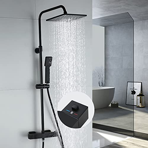 ARCORA Colonne de Douche avec Mitigeur Thermostatique Noir, Système de Douche Pommeau Carré Pivotant, Kit de Douche en Hauteur Réglable, Ensemble de Douche avec Douchette à Main pour Salle de Bain