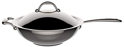Lagostina Accademia Lagofusion Wok + Couvercle Acier Inox 18/10 Ø 30 Cm, 5 L, Poêle Induction, Gaz et Four jusqu'à 250 °C, Extérieur Poli, Intérieur Satiné, Poignée Rivetée, Fond 5 Couches