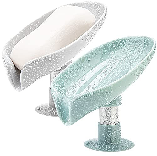 Confezione da 2 portasapone a forma di foglia, autodrenante, non perforato, facile da pulire, con ventosa, adatto per doccia, bagno, lavello della cucina (grigio e verde)