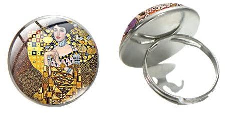 Eleganter Damenring mit abstraktem Gemälde, Gustav Klimt, der Kuss, Vintage-Stil, verstellbar, Glas, rund, für Party, Geburtstag