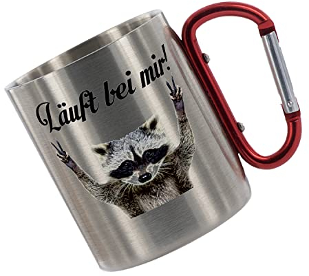 CreaLuxe Edelstahltasse mit Karabiner - Läuft bei mir Waschbär - 330ml, Tasse bedruckt, Kaffeetasse, Bürotasse, Metalltasse mit Name