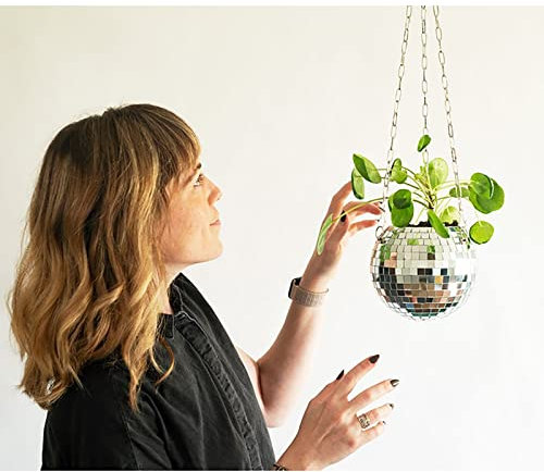 Disco Ball Planter, Disco Ball Plant Hanger, Mirror Disco Planter with Chain and Macrame Rope, Boho Disco Ball Hanging Planter, for Plant Care - Indoor or Outdoor Use