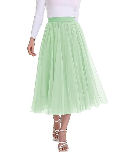 Damen Tüllröcke Midi Elastisch Hohe Taille Plissee Mesh Flowy A-Linie Party Lange Tutu Röcke, Mint Green1, Groß