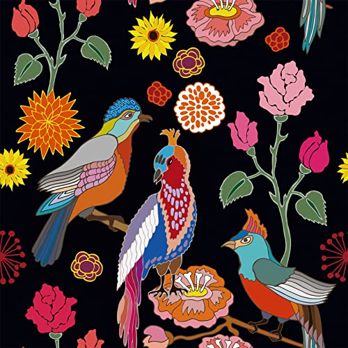 VaryPaper Selbstklebende Tapete Blumen 44.5cmx800cm Bunte Papageien Küchentapete Schwarz Möbelfolie Selbstklebend Vintage Klebefolie Arbeitsplatte Küche Tapeten Wohnzimmer Muster Schlafzimmer