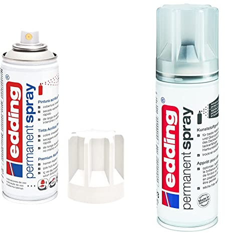 Edding 5200 spray permanente - blanco tráfico mate - 200 ml - pintura acrílica + spray permanente de imprimación para plásticos - 200 ml - pintura en spray para imprimación