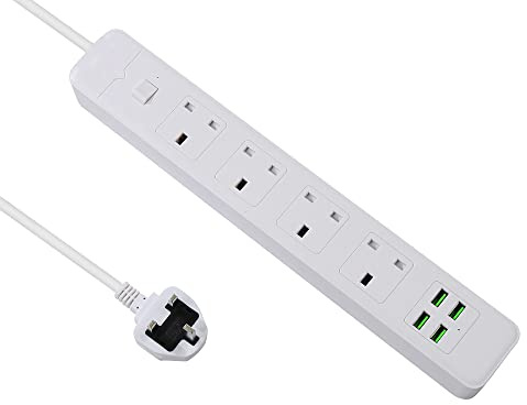Pixezo Extension Lead | Extension Lead with USB Slots | Surge Protected Extension Lead with 4 AC Outlets and 4 USB Ports (3.7A/5V) Wall Mountable Extension Cable | Extension Lead 3M Long