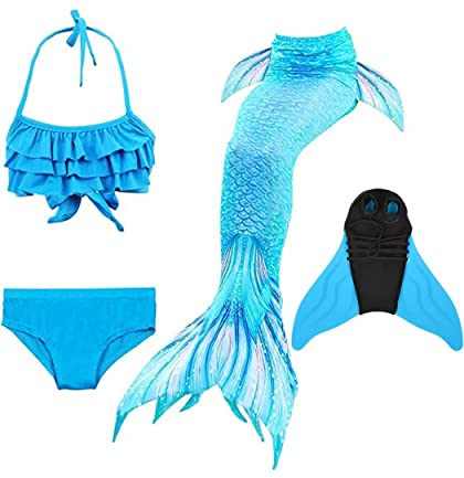 Pyjacos meerjungfrauenflosse mädchen Badeanzug - Meerjungfrau Flosse Bademode mit Bikini Set und Monoflosse Mermaid Tail, 4 Stück Set，blueseDH53-120