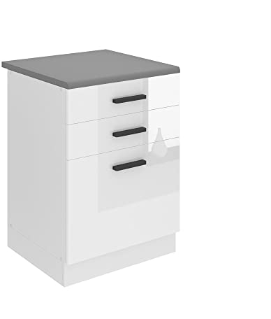Belini Unterschrank Küche, Küchenunterschrank 60 cm Breite. SDSZ Küchenunterschrank mit Arbeitsplatte. Küchenschrank mit Schubladen, Weiß Hochglanz