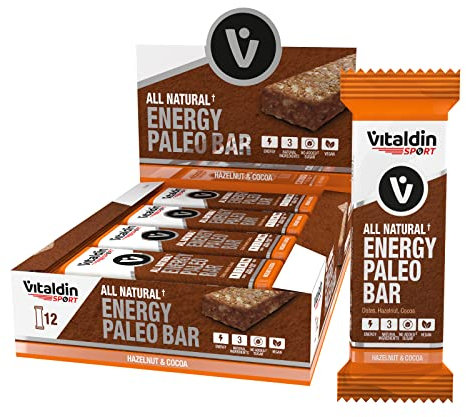 VITALDIN SPORT All Natural Energy Paleo Bar Avellana & Cacao – 12 barritas x 40 gramos – Barritas Energéticas Naturales con Dátil y Frutos Secos – Veganas & Sin Azúcares Añadidos