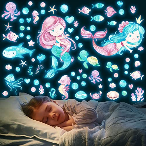 HSDSH Meerjungfrau Wandtattoo Kinderzimmer Leuchtend Wandaufkleber Mädchenzimmer Unterwasserwelt Leuchtsticker Meerjungfrau Prinzessin Leuchtaufkleber Wandsticker für Schlafzimmer Babyzimmer