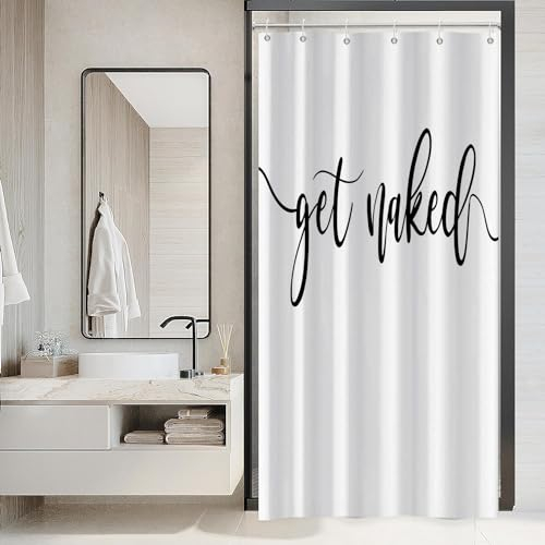 Hnmdmyi Tenda da doccia bianco 90x180, nero Art Font Words Get Naked Shower Curtains Funny Quotes Bella e fresca tenda da bagno impermeabile in poliestere tessuto lavabile tenda da bagno con ganci