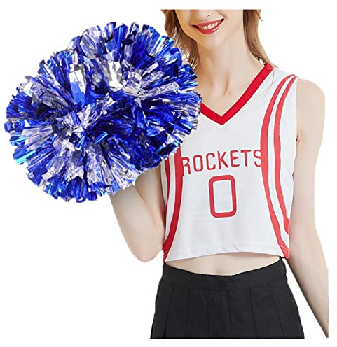 SHTGOI Cheerleading Pompons 2 Stück Metallic-Folie Cheerleading Pom Poms mit Handle Cheerleader Handblumen Cheers Blumenball für Sportveranstaltungen Ballspiele Tanzbedarf Blau+Silber