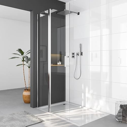 WDWRITTI Duschwand 90x185 Duschabtrennung Walk In Dusche mit Stabilisator Duschtrennwand aus Echtglas 6mm ESG Sicherheitsglas Klarglas