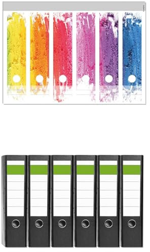 Wallario 6 Stück breite Ordner inkl. Klebeetiketten mit Motiv Regenbogenstreifen auf weißem Hintergrund - Bunter Anstrich - Set mit Rückenschildern/Ordnerrücken Stickern