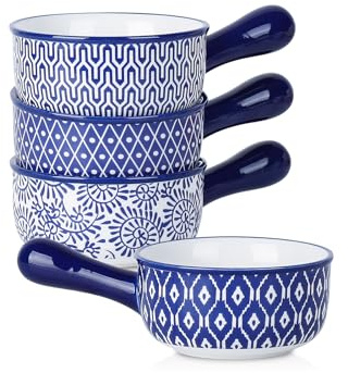 Selamica Suppentöpfe aus Keramik mit Griffen, französische Zwiebel-Suppenschüsseln, ofenfest, Suppenschalen für Müsli, Eintopf, Chili, Topfkuchen, Backen, mikrowellen- und spülmaschinenfest, 4er-Set,