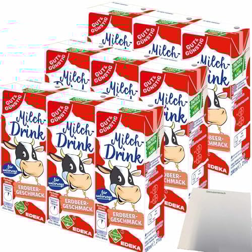 Gut&Günstig Milchdrink Erdbeer vollmundig-fruchtiger Erdbeergeschmack mit fettarmer Milch und Papier-Trinkhalm 3er Pack (9x200ml) + usy Block