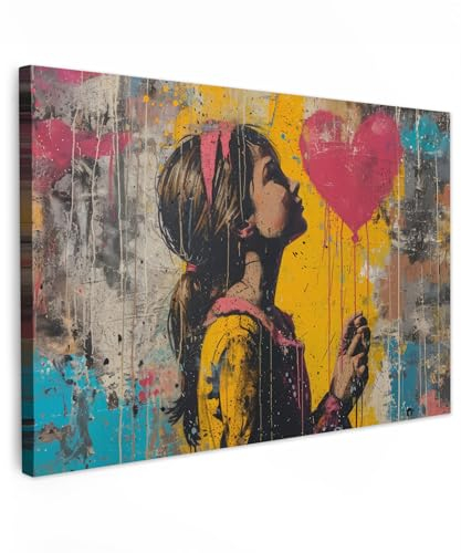 MuchoWow© Bilder Groß 120x80 cm XXL Wohnzimmer Deko Modern Wandbild Foto auf Leinwand Bild Schlafzimmer über Bett Room Decor Geschenke Graffiti - Mädchen - Luftballon - Street Art - Herz - Banksy