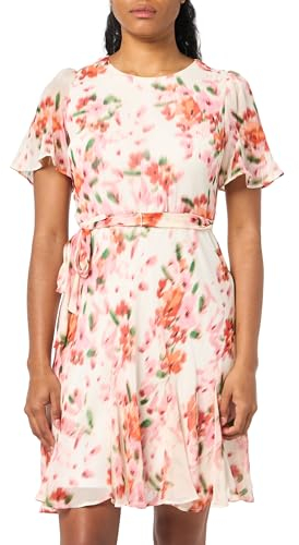DKNY Damen Belted Godet Sleeve Jewel Neck Dress Kleid, CRM Multi, 42
