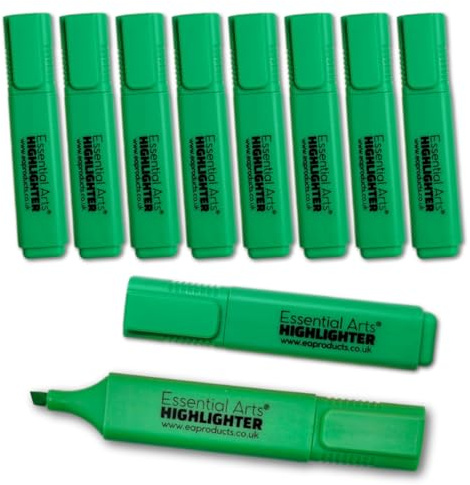 Essential Arts Square Green Highlighter Pen Pack of 10 | Chisel Tip Fluorescent Highlight Marker Pens for Office, School Art and Business