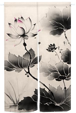 XMJJKUF Japanischer Noren-Türvorhang, chinesische Tuschemalerei, Lotusdruck, Fensterbehandlung, Türtapisserie, Polyester-Panel für Raum, Privatsphäre, Trennwand, Raumdekoration, 85,1 cm Breite x 180,1