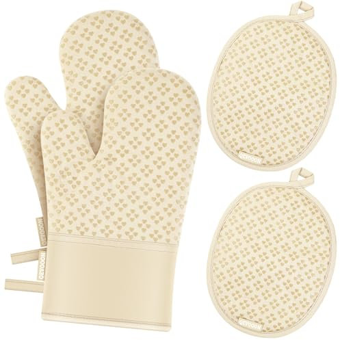 Juego de 4 manoplas de horno y soportes para ollas, resistentes al calor, guantes de horno de 500 grados y soporte para ollas, guantes de horno extralargos y agarraderas con superficie de silicona