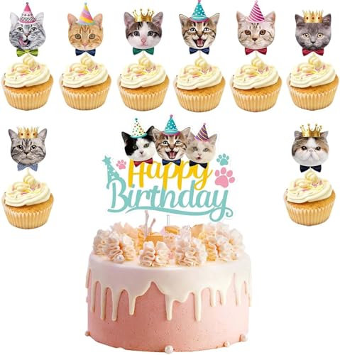 Katze Geburtstag Cupcake Topper,9 Stück Cat Muffin Deko Geburtstag,Tortendeko Tiere,Taufe Tortendeko Junge & Mädchen,Cupcake Party Deko,Kuchen Dekoration Supplie für Kinder Pet Birthday Party