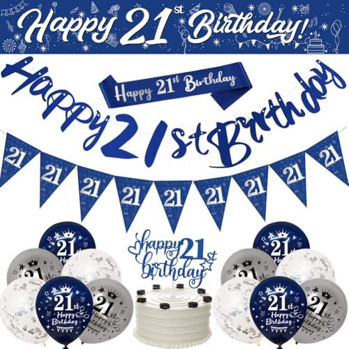 21st Birthday Decorations Blue Silver for Boy Men - Party Supplies for Him, Banner Bunting Sash Confetti Latex Balloons Triangle Flags Cake Toppers