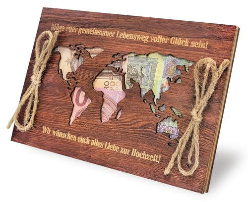 Geldgeschenk Hochzeit Holz Weltkarte | Hochzeitsgeschenke für Brautpaar | Hochzeitsgeschenk Geld Personalisiert | Flitterwochen Geschenk | Originelle Rot Weltkarte Geldgeschenk