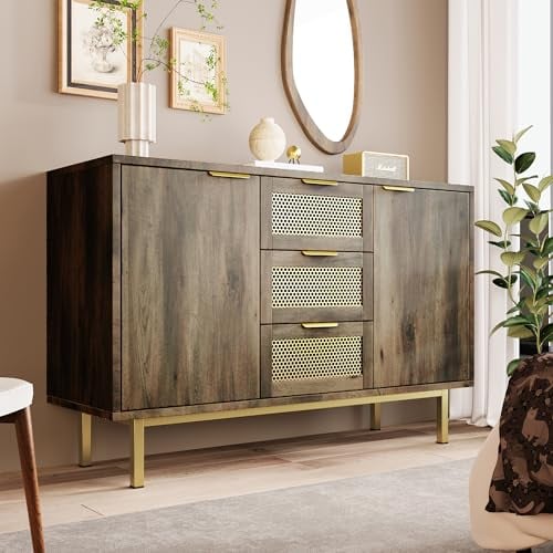 Dolamaní Sideboard Holz 120 x 40 x 76 cm, mit 3 Schubladen & 2 Türen & Gold Metallgriffe Kommode für Flur, Schlafzimmer, Wohnzimmer und küiche, Dunkelbraun