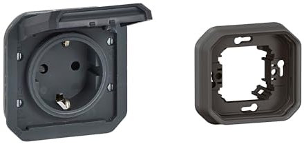 LEGRAND, Plexo New Set, Einsatz Feuchtraum-Steckdose, Schuko-Stand., inkl. Klappdeckel, Berührungsschutz, 16A, 250V, IP44 - IK08 & 1-fach Feuchtraum-Unterputz-Tragrahmen, Anthrazit, 069839L & 069606L