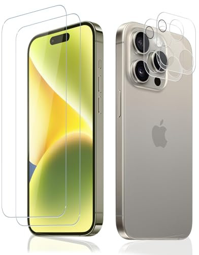 Carantee Schutzfolie für Panzerglas für iPhone 15 Pro Schutzglas, 2+2 Stück Kameraschutz für iPhone 15 Pro Folie, 9H Härte Kratzfest Displayfolie für 15 Pro, Fingerabdruck-ID, 2.5D gebogene Kanten