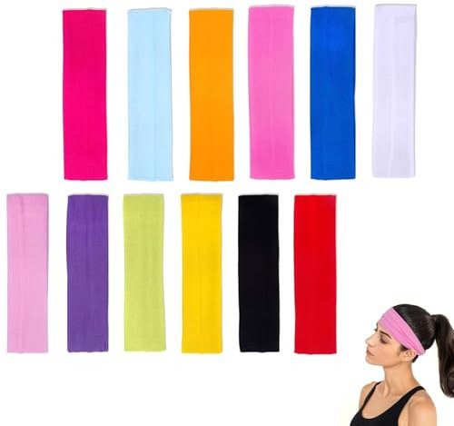 Yoga Baumwoll Stirnbänder,12 Stück Elastische Schweißbänder Stretch Schweißband Ballett Stirnband Kopfband Haarband für Herren Damen Training und Fitness(20 x 5 cm)