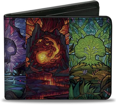 Buckle-Down Magic the Gathering Bifold Wallet | Magic the Gathering Stained Glass Mana Symbols Multi Color Billfold Credit Card and ID Slots Vegan Leather