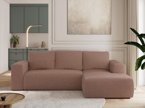 MKS MEBLE Sofa mit Schlaffunktion - Ecksofa mit Schlaffunktion und Bettkasten - Sofa 3 Sitzer - Schlafsofa - Couch - Schlafsofa mit Bettkasten - Trentino L - Rosa Boucle - Rechts