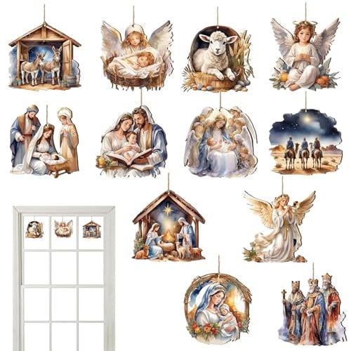 Religiöse Weihnachtsdekorationen Krippe | 12 Geschnitzte Holzdekorationen Zur Geburt Jesu | Elegante Christliche Krippen-Jesus-Dekoration Für Zuhause, Familie, Hof