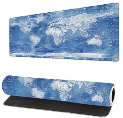 Tapis de Souris de Jeu Bleu XXL 600x300x3mm, Grand Tapis de Souris Carte du Monde, Multifonctionnel Tapis Souris, Base en Caoutchouc Anti-Dérapage, sous Main Bureau Bords Surpiqué pour Bureau K-4