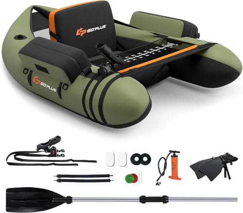 FANTASK Aufbelasbares Schlauchboot, Fischerboot mit Pumpe, Paddel, Gurte, Bellyboat Paddelboot für Erwachsene, 150 kg Belastbar, 135 x 109 x 54cm (Grün)