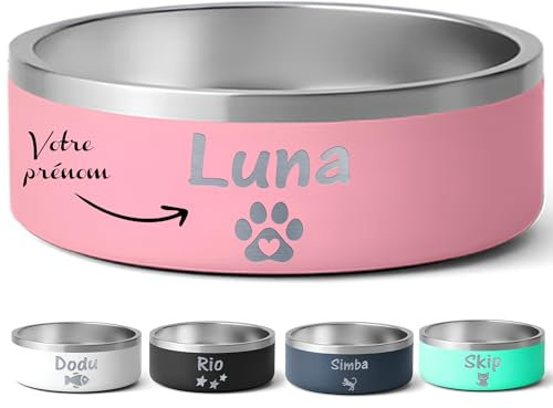 KDO MAGIC - Gamelle personnalisée - Grande et Petite Taille - Gravure Laser - Texte, prénom ou Date gravé - Chien, Chat, Animaux - Idée Cadeau - 16/32oz - Base Antidérapante (Rose, Petite)