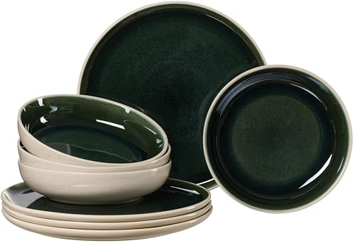 Ritzenhoff & Breker Skog Tafel-Set 8-teilig für 4 Personen – Speiseteller & Suppenteller aus Steingut – skandinavisches Design mit Reaktivglasur – spülmaschinenfest – Dunkelgrün