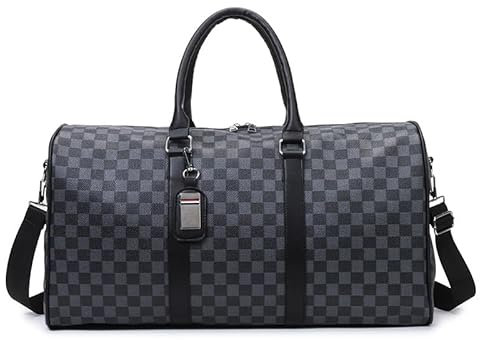Leder Sporttasche Für Herren, Reisetasche Mit Nassfach, Weekender Tasche Handgepäck Trainingstasche Fitnesstasche, Gym Bag Reisetasche Wasserdicht Schwimmtasche Schwarz (Schachbrett Muster)