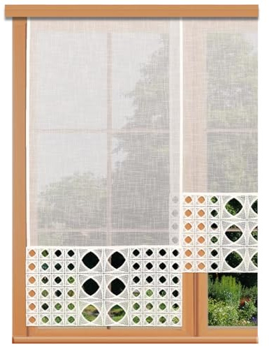 Schiebepaneele Miray mit Vogtländischer Spitze in ecrú - Landhaus-Flächengardine in Käseleinenoptik - Schiebevorhang mit moderner geometrischer Spitze | Flächenvorhang Höhe x Breite 95 x 45 cm